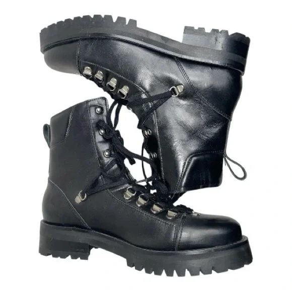 All Saints Black Leather Franka Lug Sole Combat Boots Sz 10/40 - Picture 3 of 6